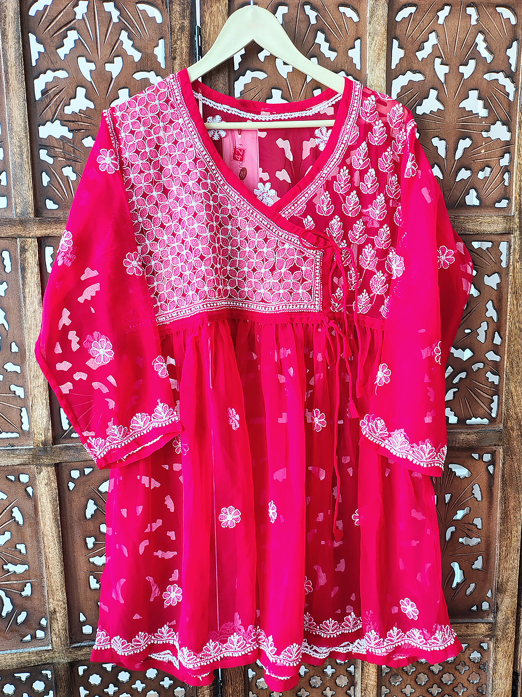 Red Georgette Chikankari Short Angrakha