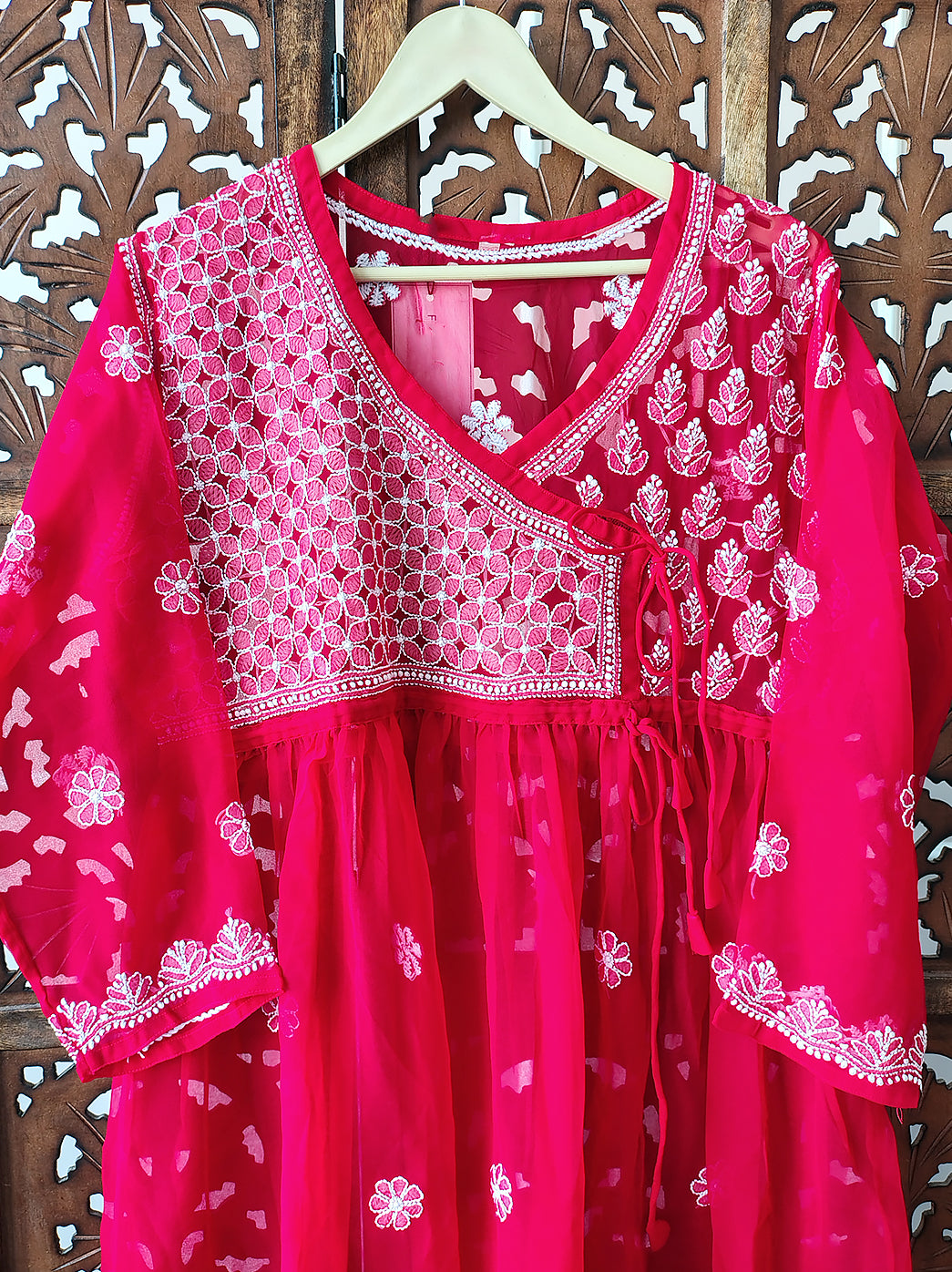 Red Georgette Chikankari Short Angrakha