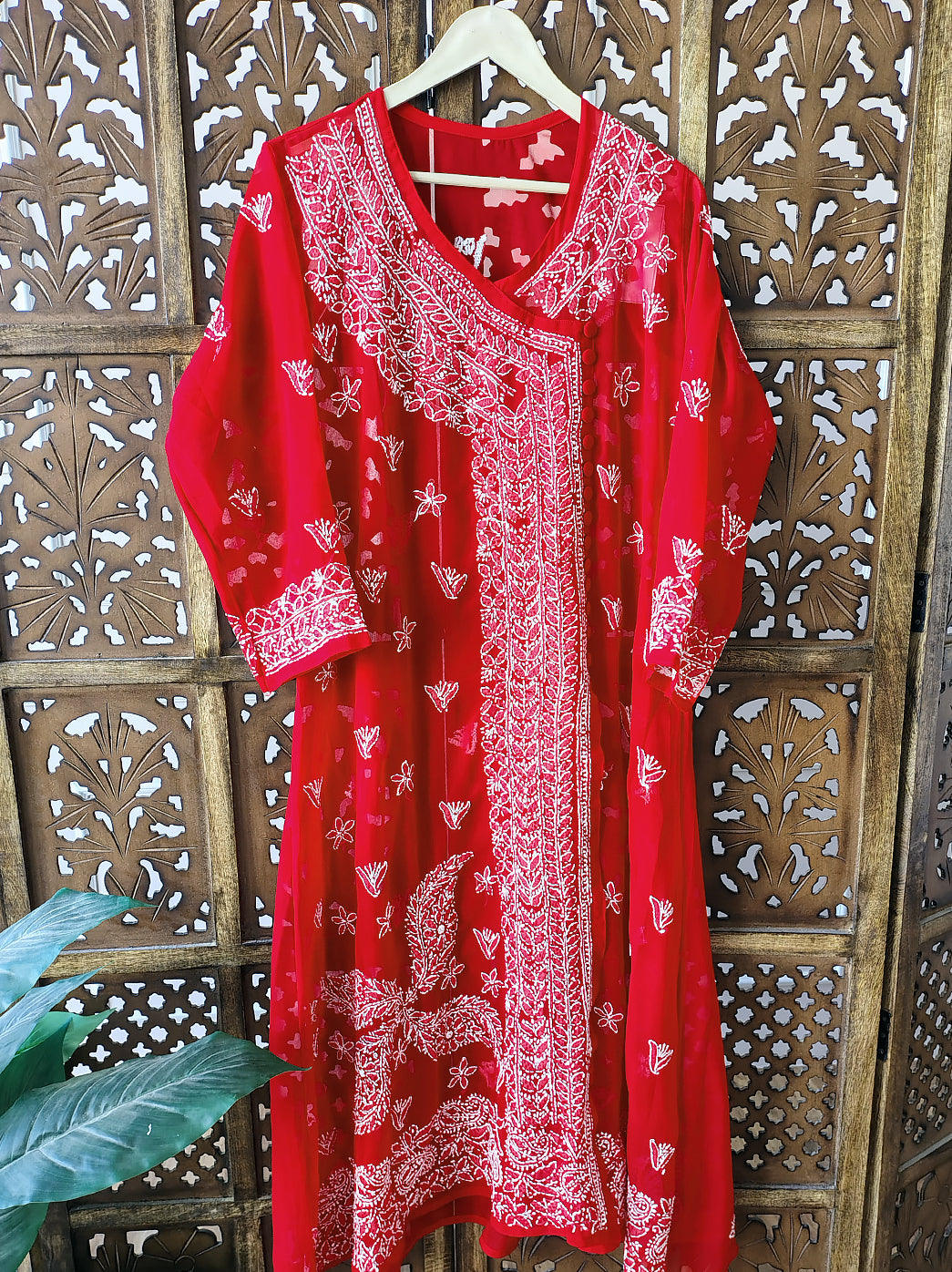 Red Georgette Chikankari Angrakha Kurti
