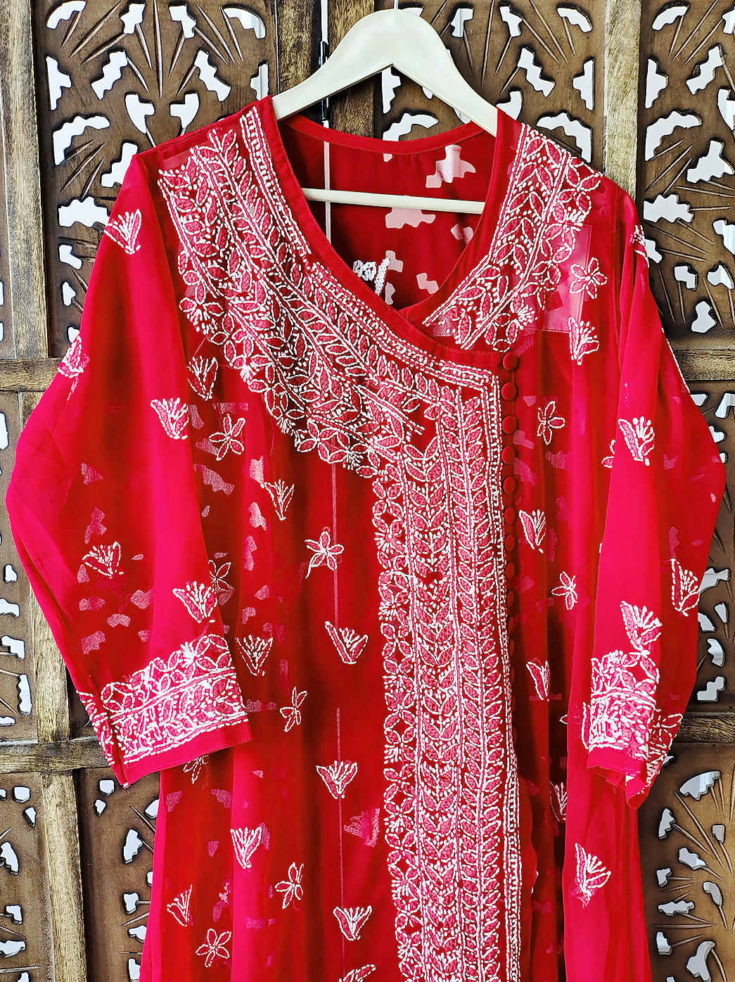 Red Georgette Chikankari Angrakha Kurti