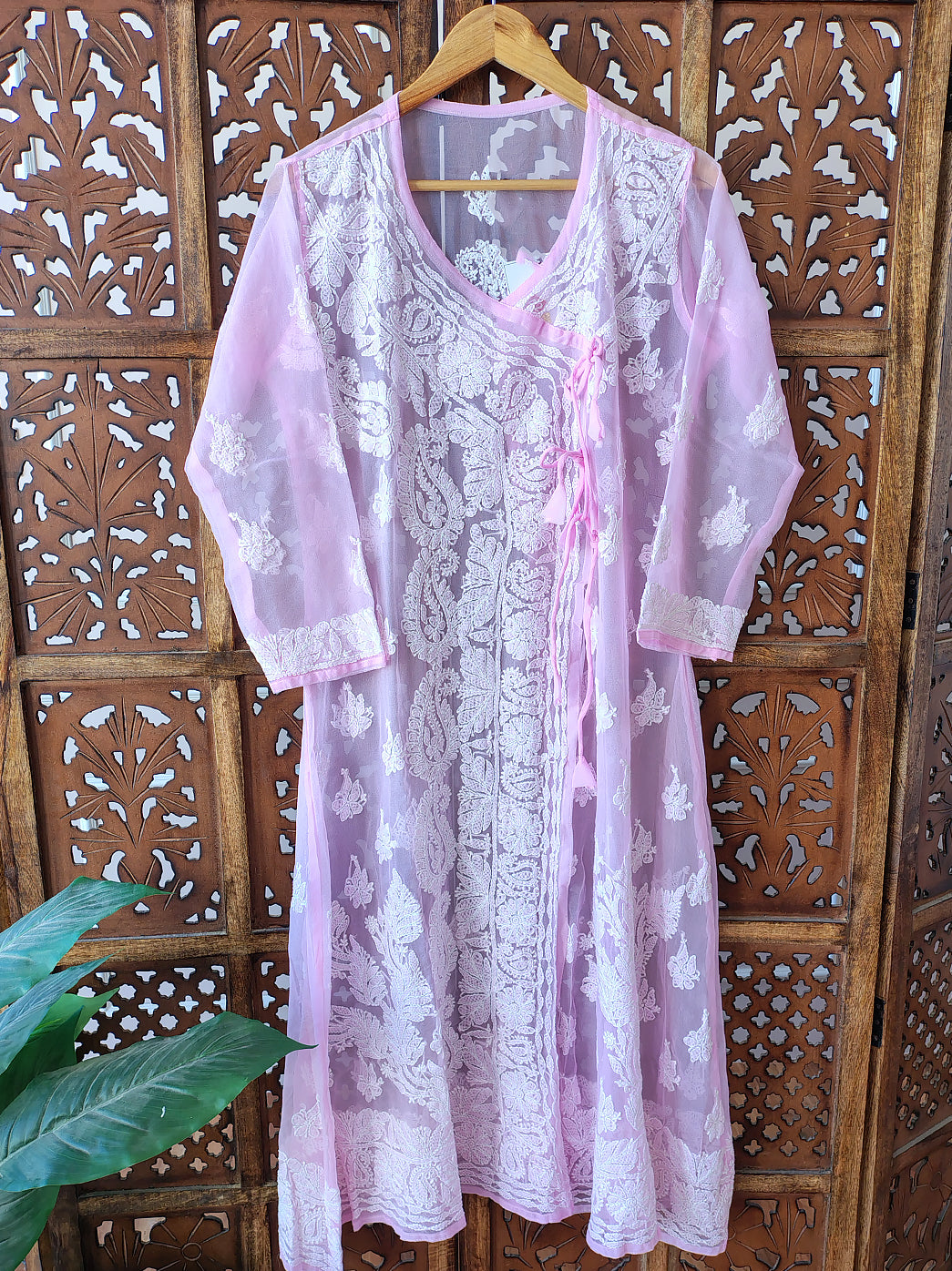 Baby Pink Georgette Chikankari Angrakha Kurti