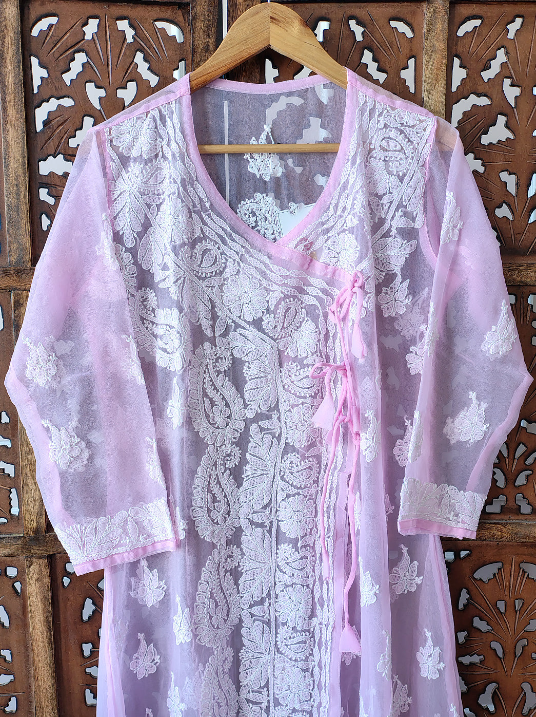 Baby Pink Georgette Chikankari Angrakha Kurti