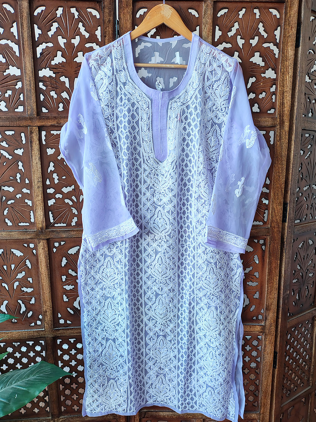 Lavender Georgette Chikankari Straight Kurti