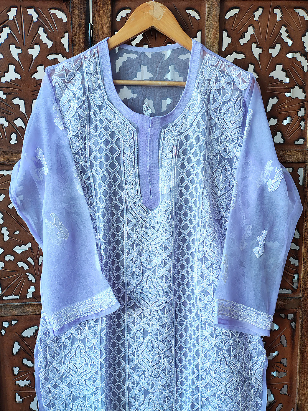 Lavender Georgette Chikankari Straight Kurti