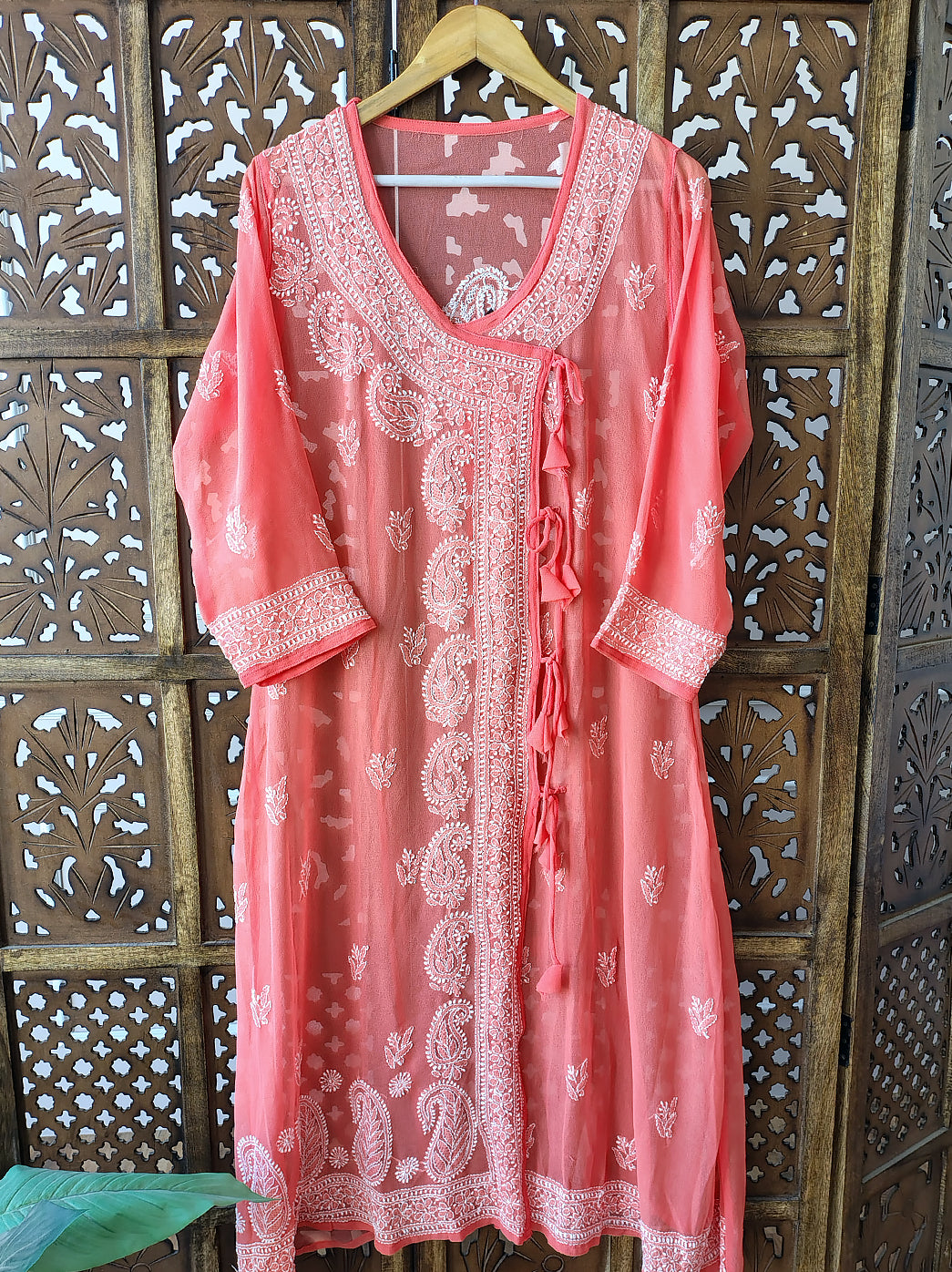 Peach Georgette Chikankari Angrakha Kurti