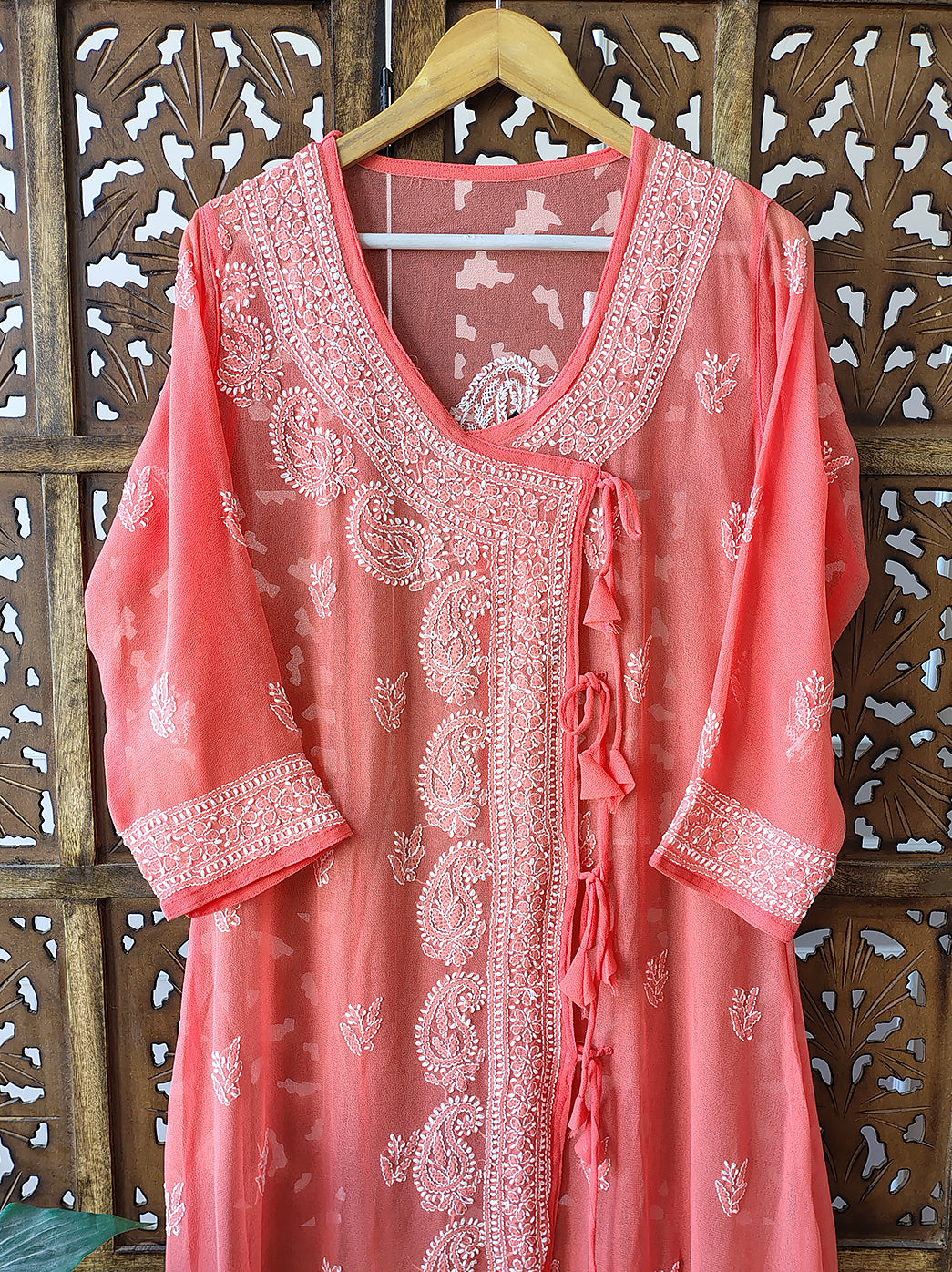 Peach Georgette Chikankari Angrakha Kurti