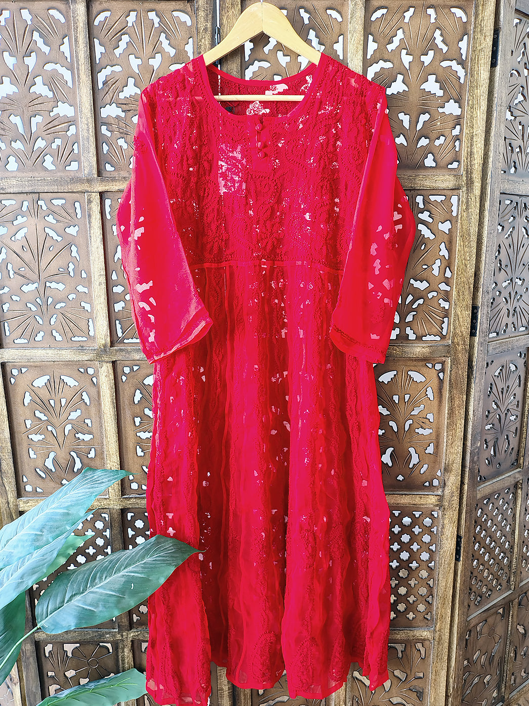 Red Georgette Chikankari Anarkali Kurti