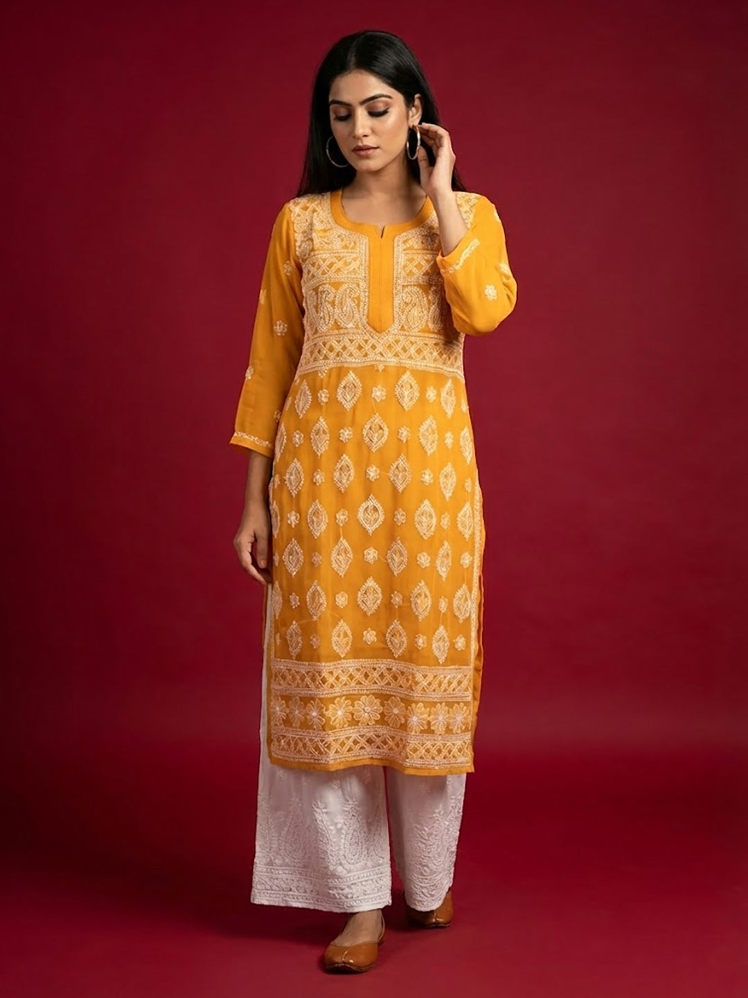 Yellow Georgette Chikankari Straight Kurti