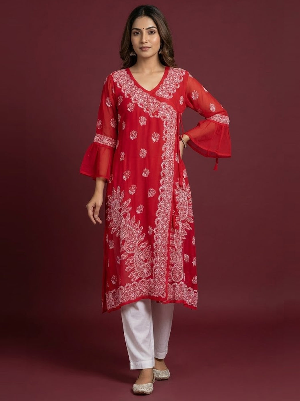 Red Georgette Chikankari Angrakha Kurti