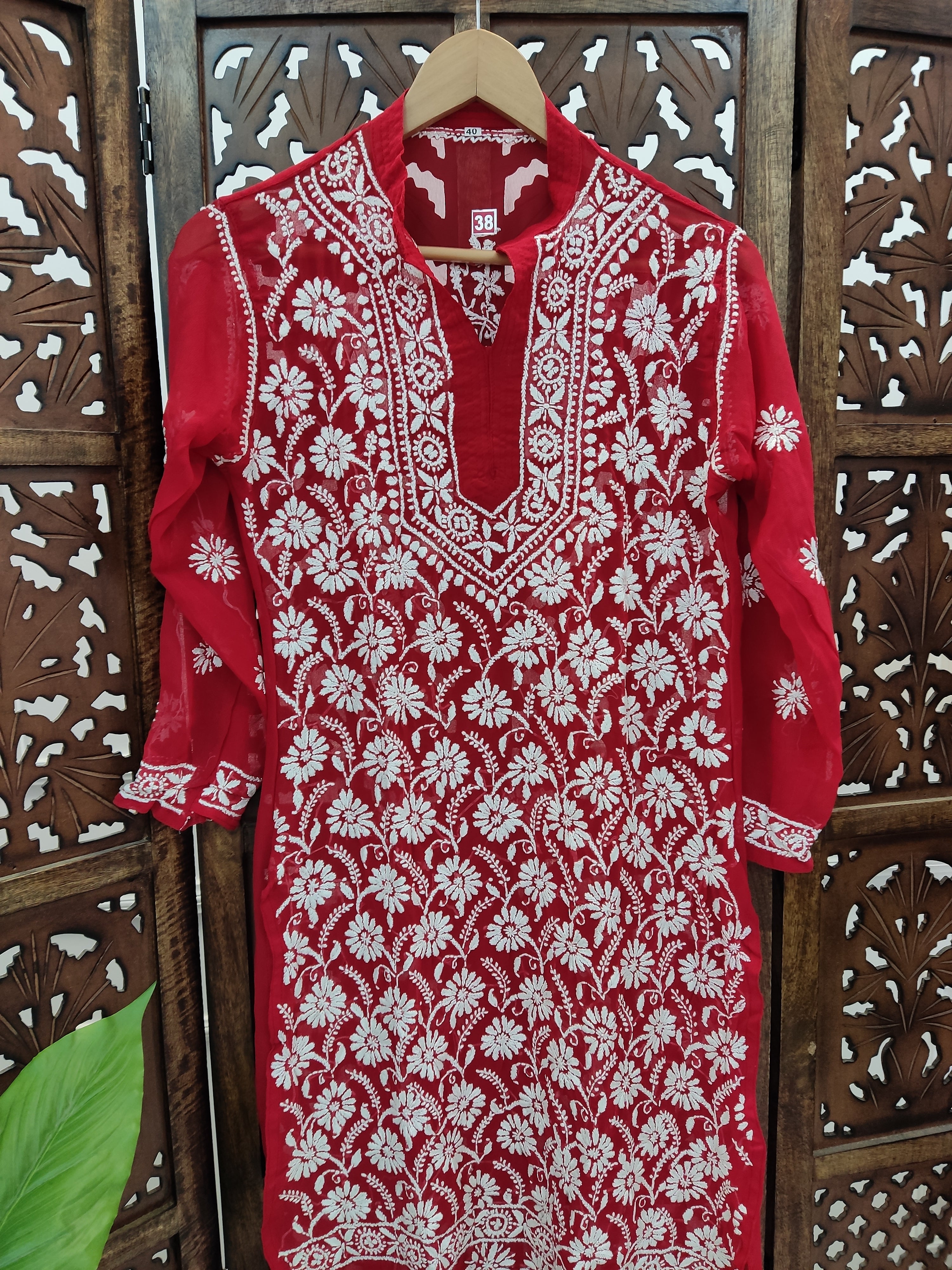 Red Georgette Chikankari Straight Kurti