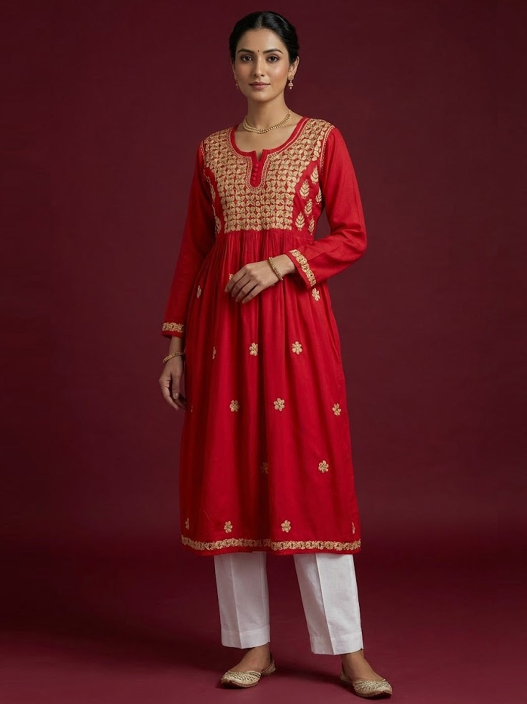 Red Cotton Chikankari Anarkali Kurti