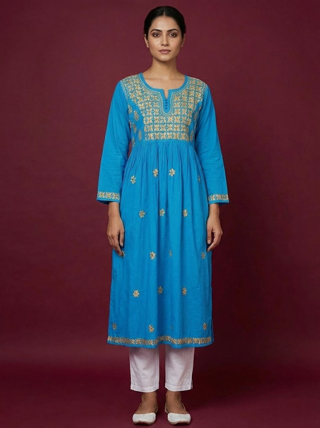 Blue Cotton Chikankari Anarkali Kurti