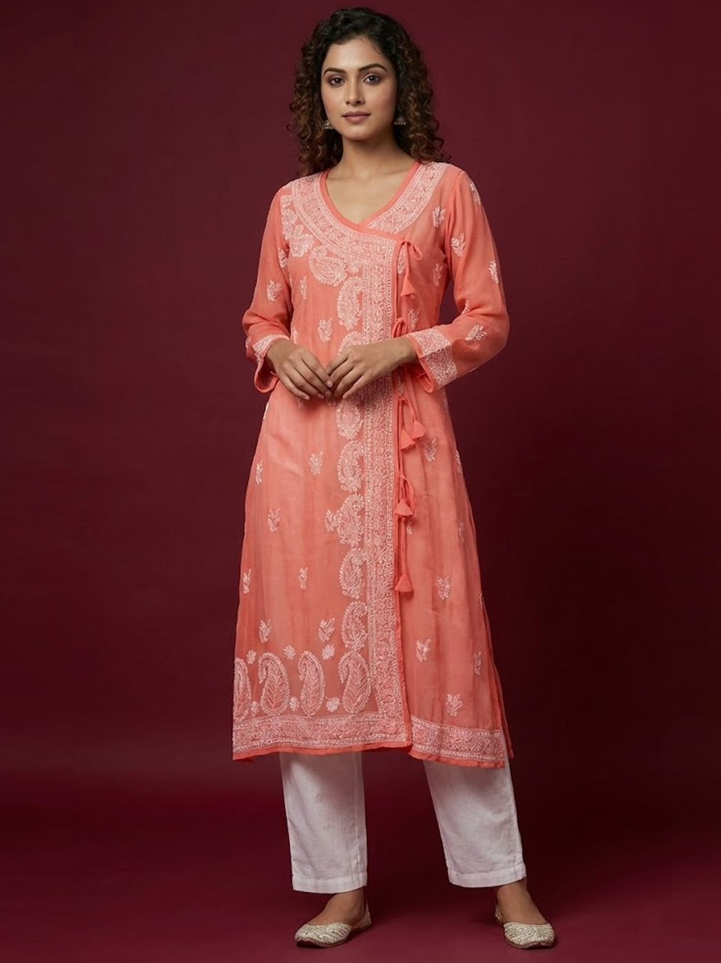 Peach Georgette Chikankari Angrakha Kurti