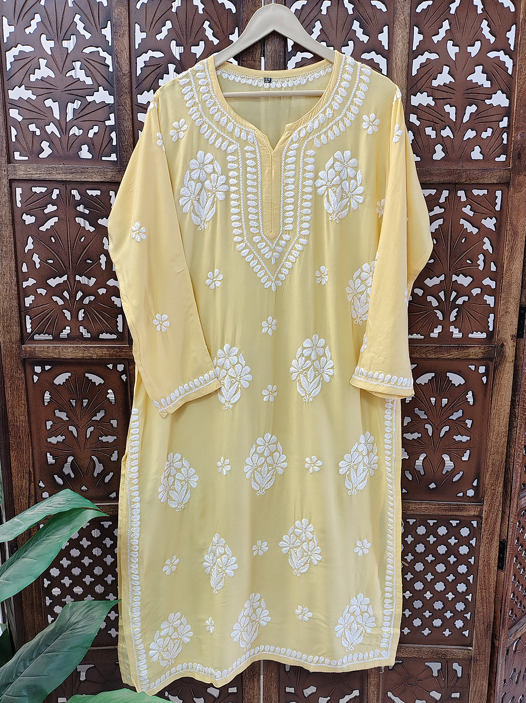 Yellow Rayon Chikankari Straight Kurti