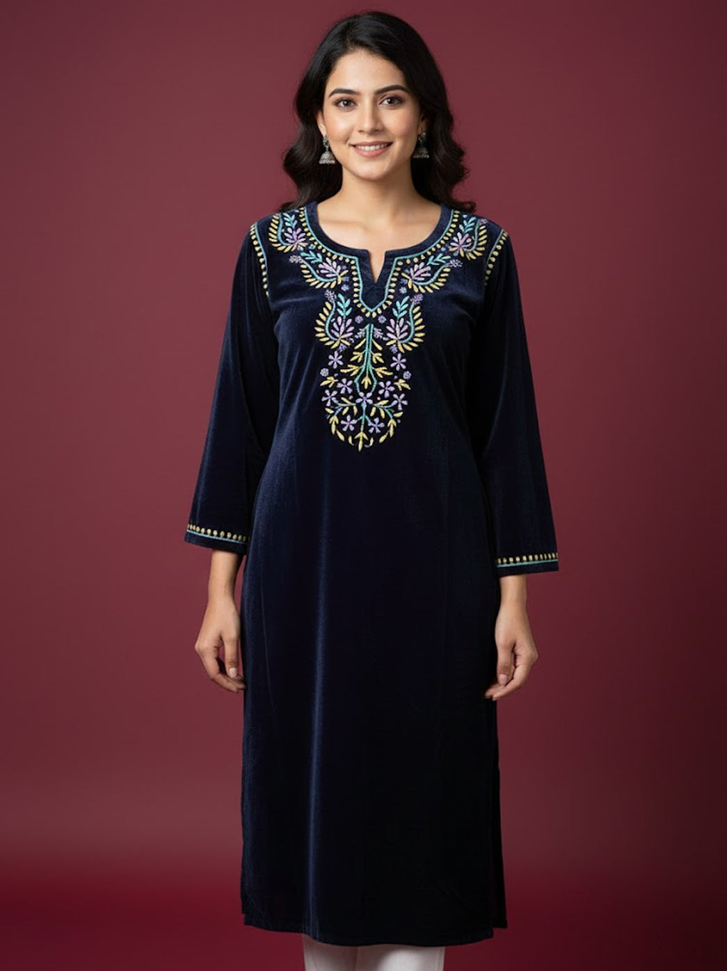 Zehra Velvet Chikankari Straight Kurti - Blue