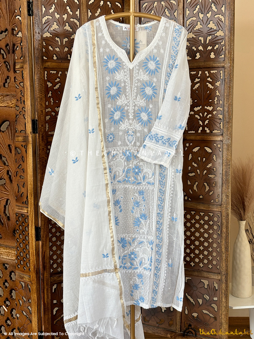 White Neysa Chanderi Mulmul Chikankari Kurti With dupatta