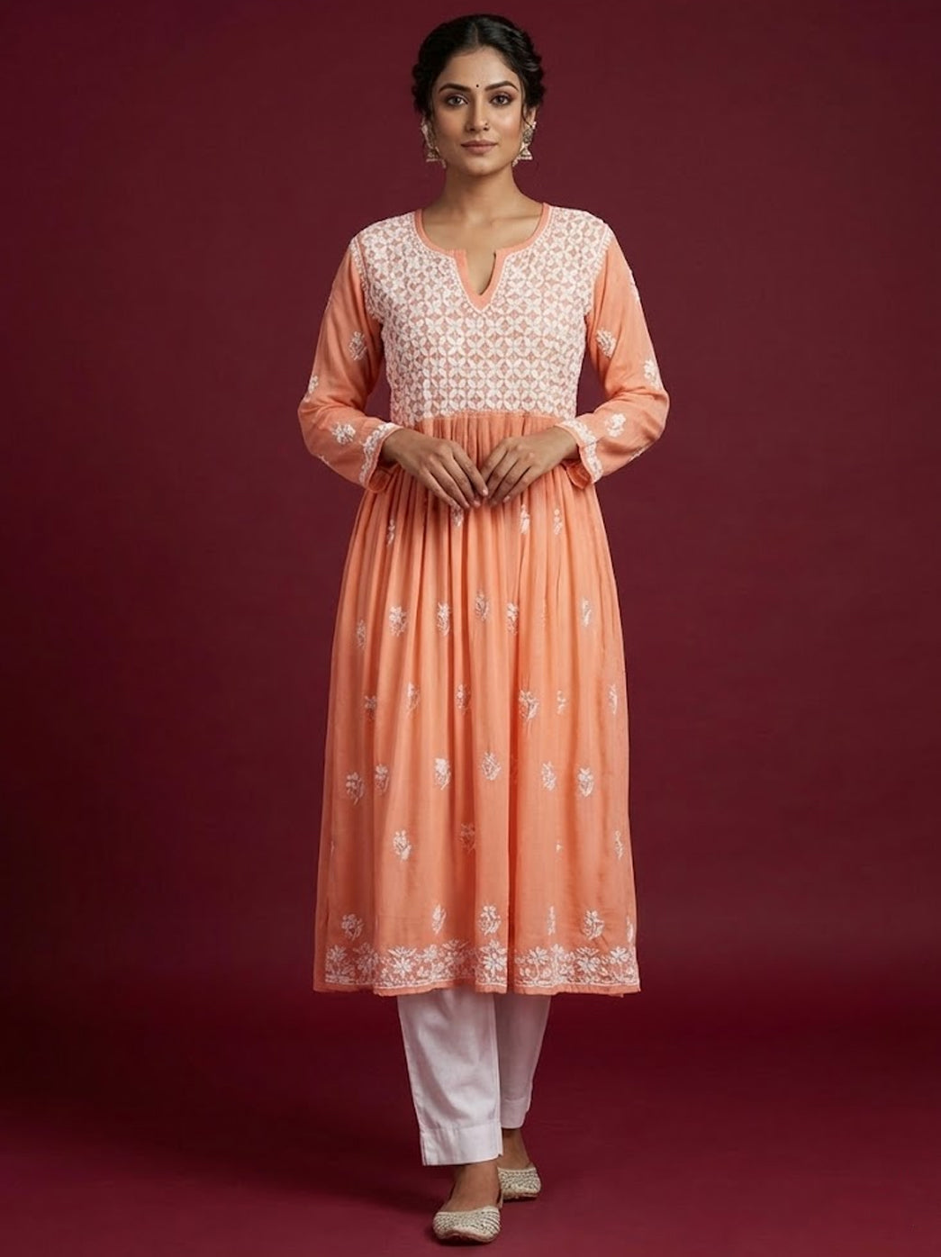 Peach Rayon Chikankari A-Line Kurti