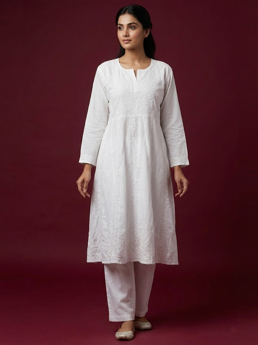 White Cotton Chikankari Anarkali Kurti
