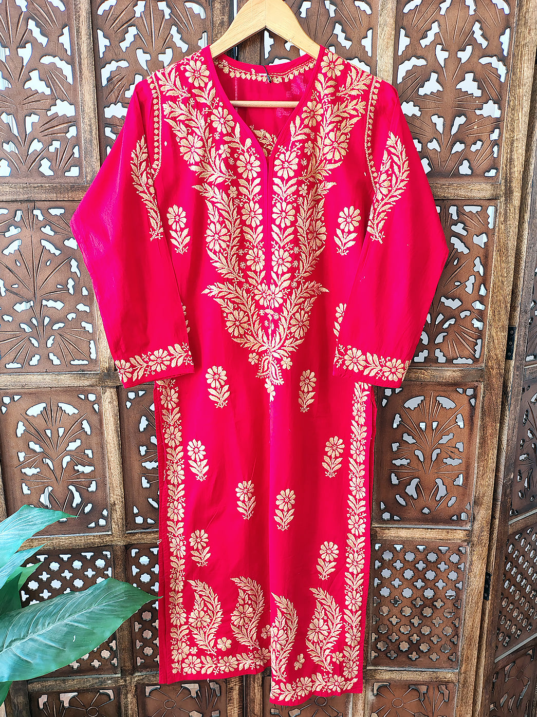 Red Cotton Chikankari Straight Kurti