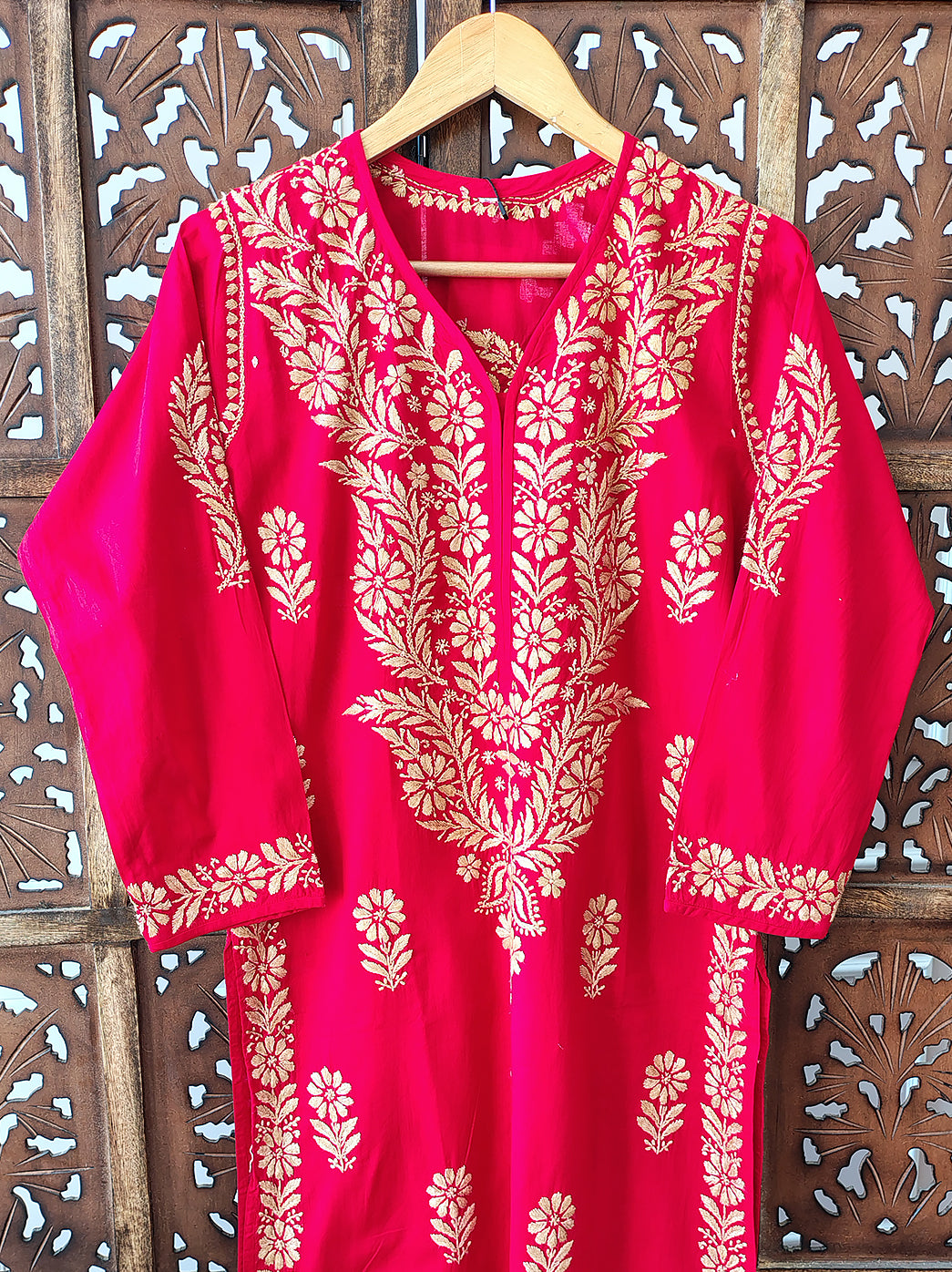 Red Cotton Chikankari Straight Kurti
