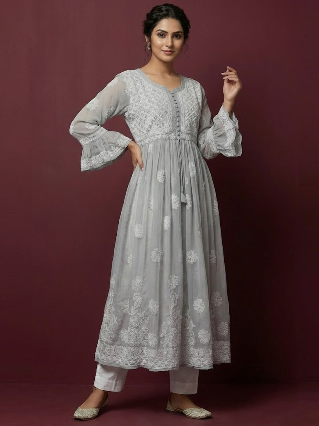 Grey Georgette A-Line Kurti Lucknow Chikankari Kurta