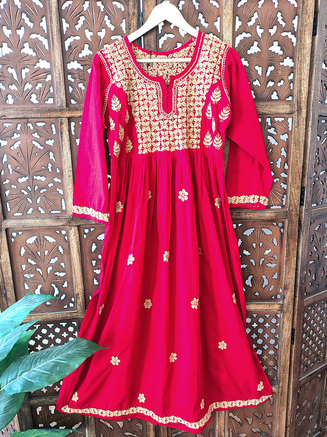 Red Cotton Chikankari Anarkali Kurti