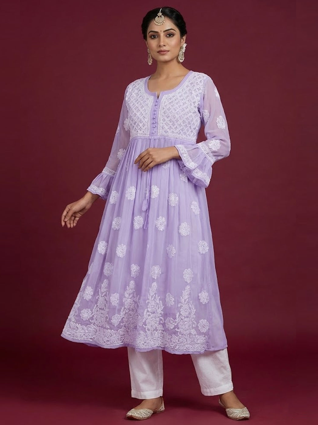 Lavender Georgette A-Line Kurti Lucknow Chikankari Kurta