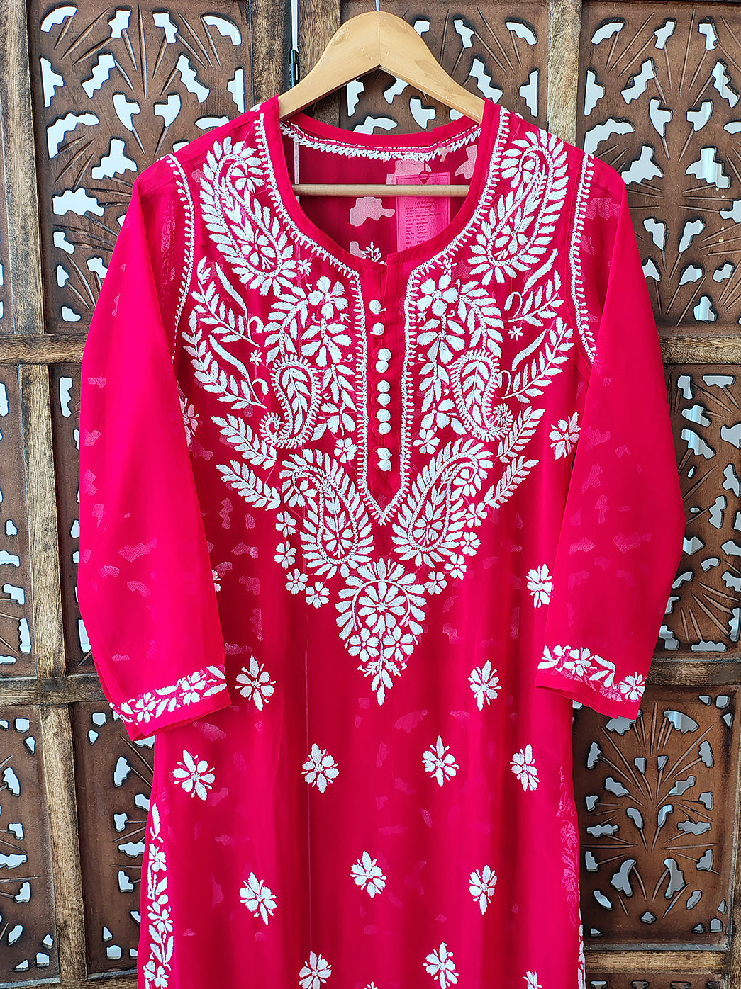 Red Georgette Chikankari Straight Kurti