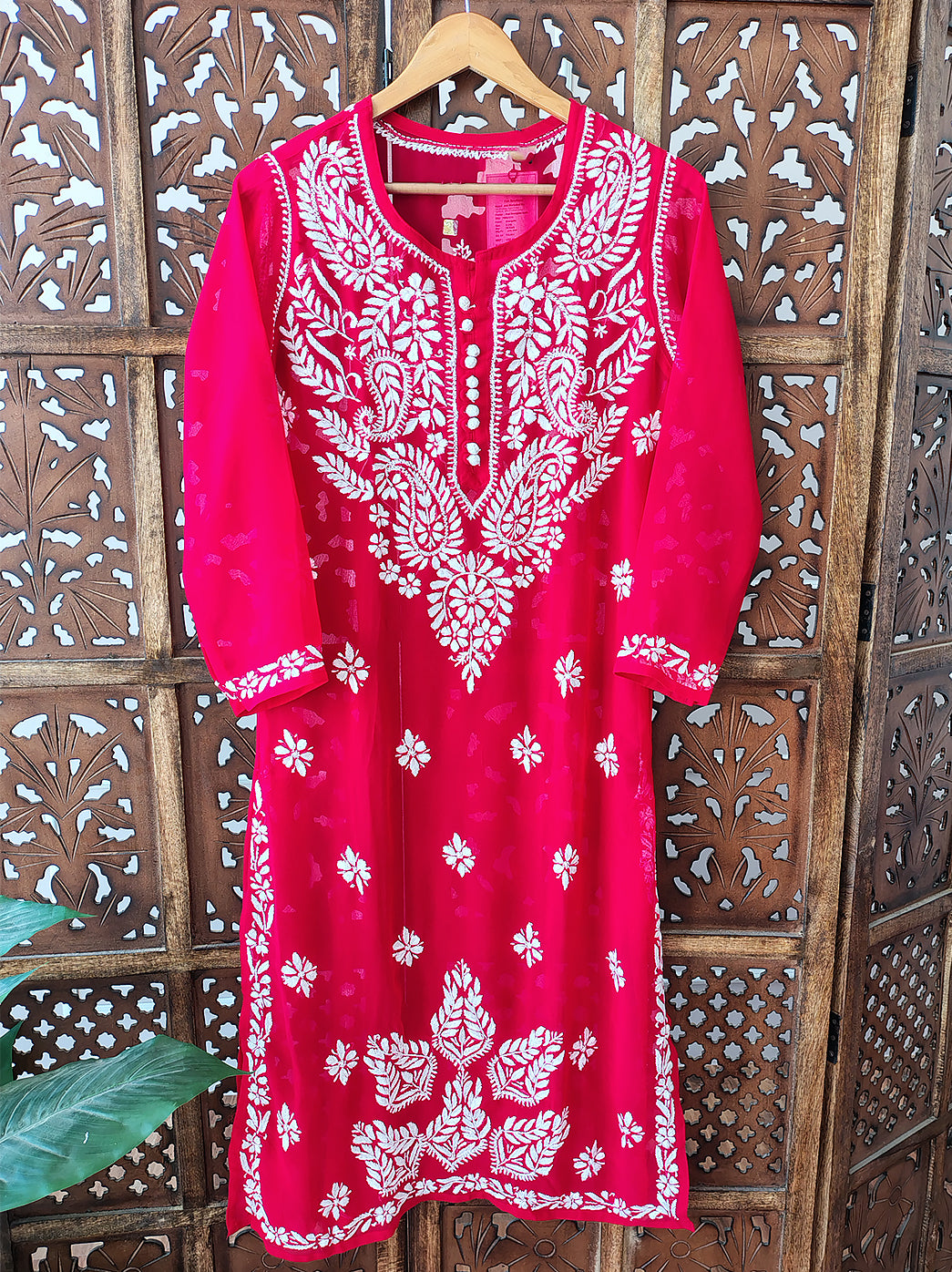 Red Georgette Chikankari Straight Kurti