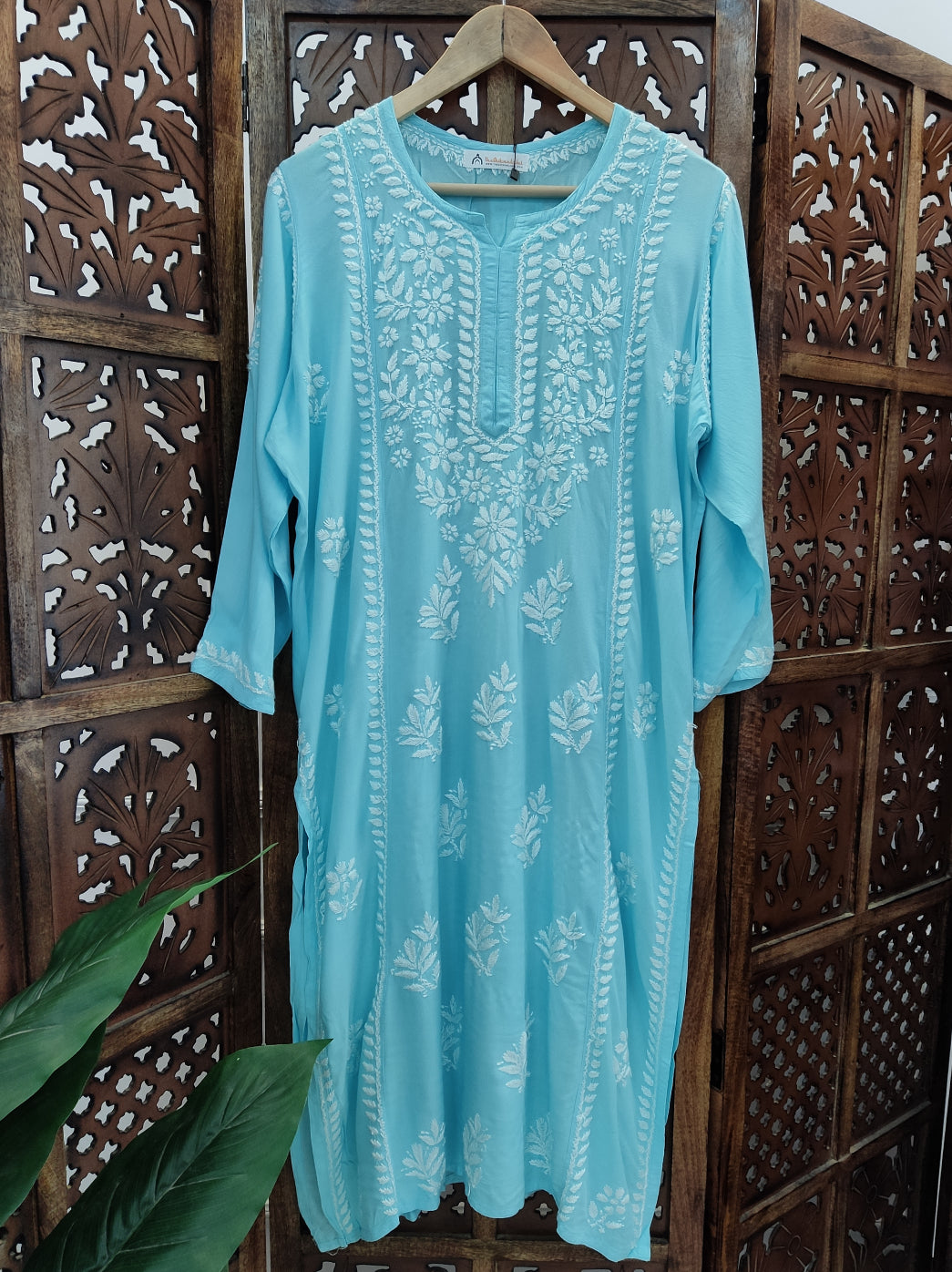 Sky Blue Rayon Chikankari Straight Kurti