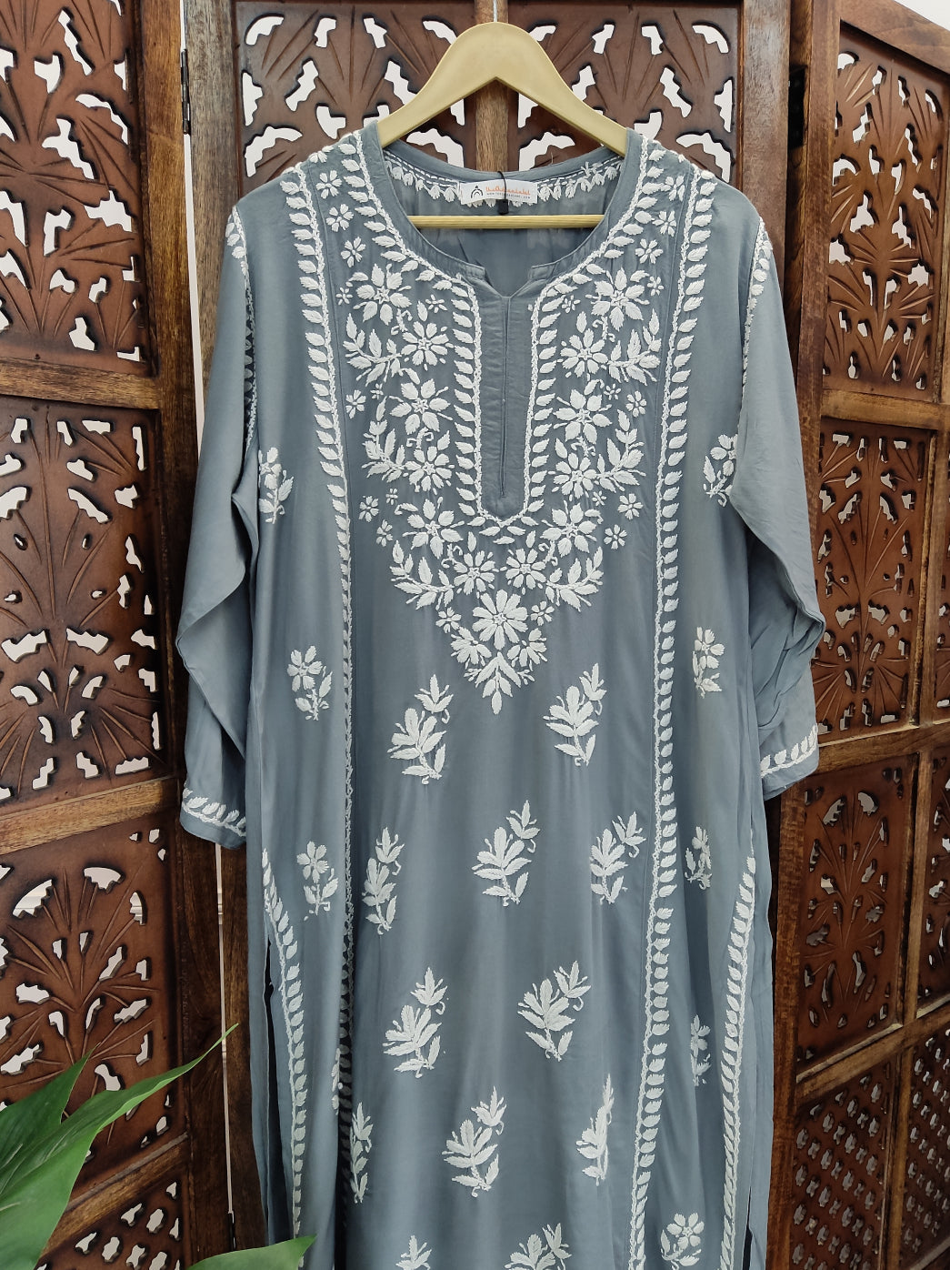 Grey Rayon Chikankari Straight Kurti