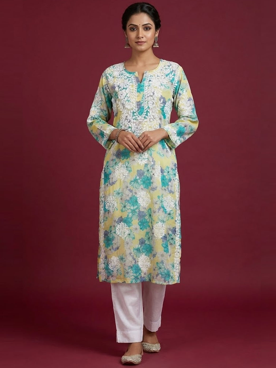 Yellow Mulmul Printed Chikankari Straight Kurti