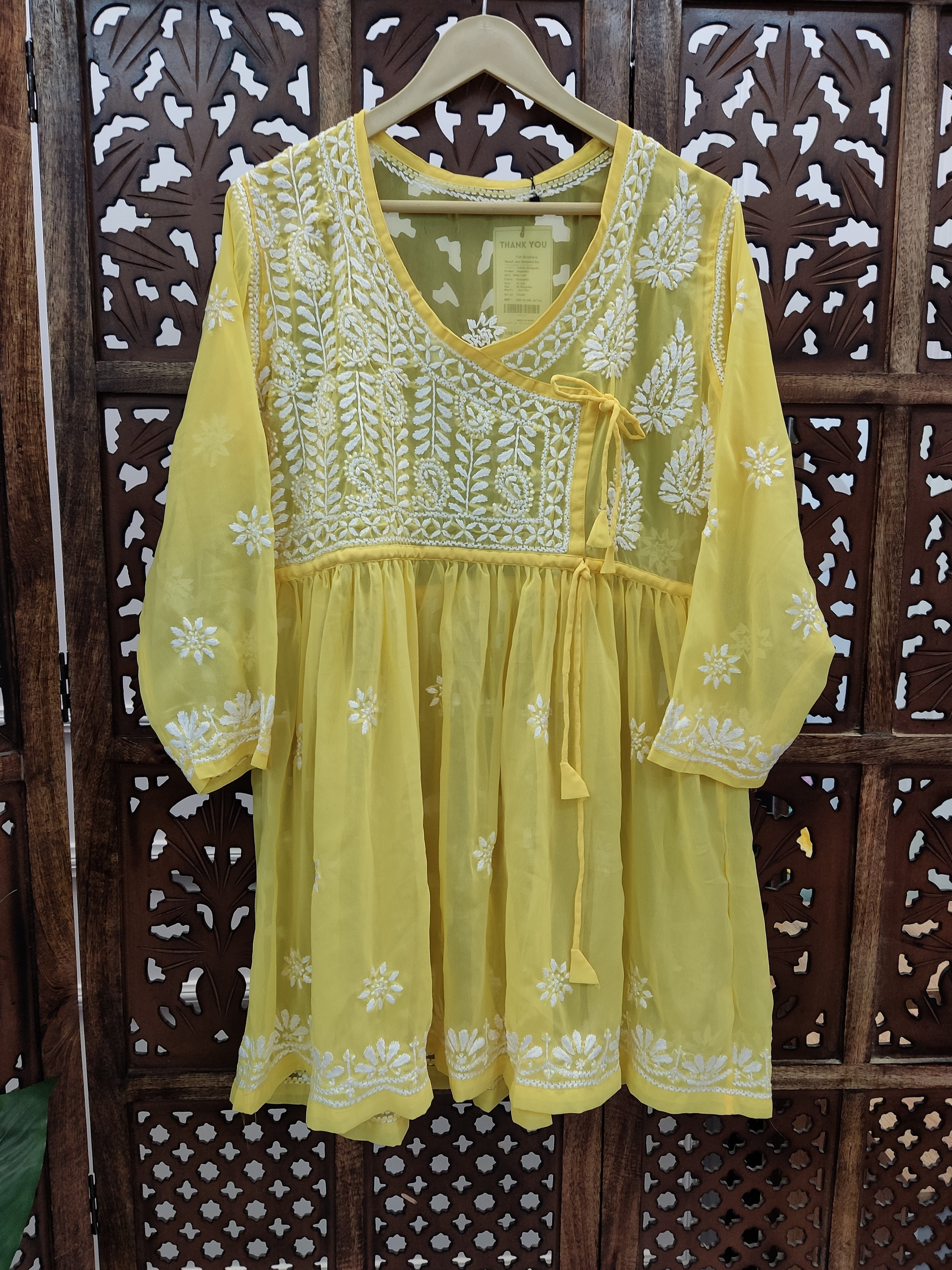 Yellow Georgette Chikankari Short Angarkha