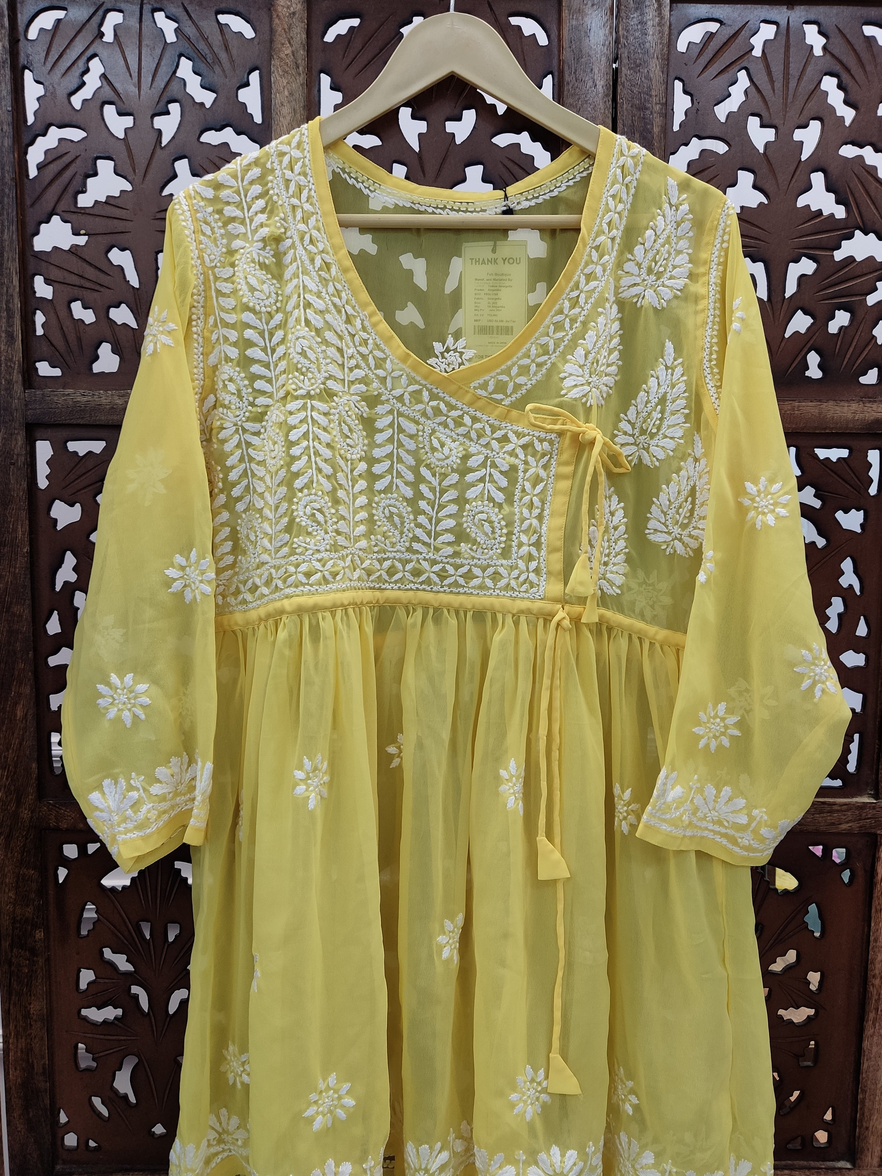 Yellow Georgette Chikankari Short Angarkha