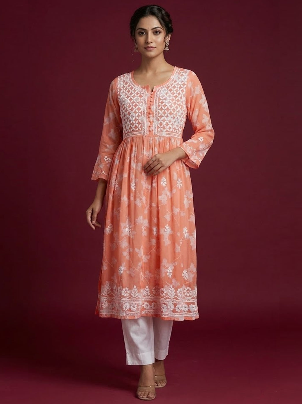 Peach Mulmul Printed Chikankari Kurti