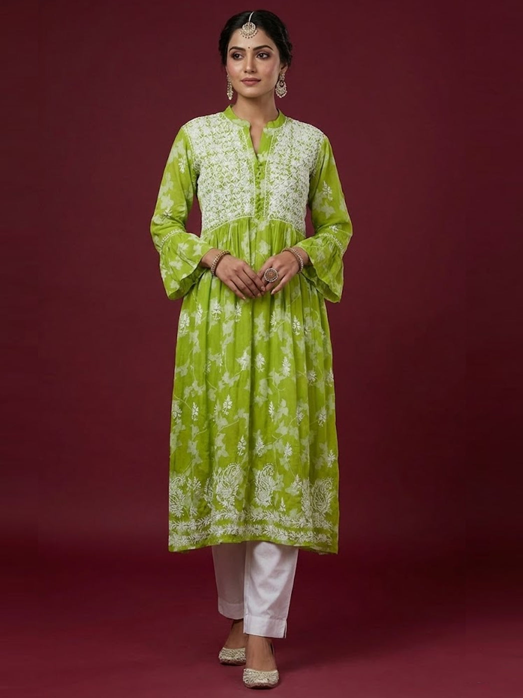Green Mulmul Printed Chikankari Kurti