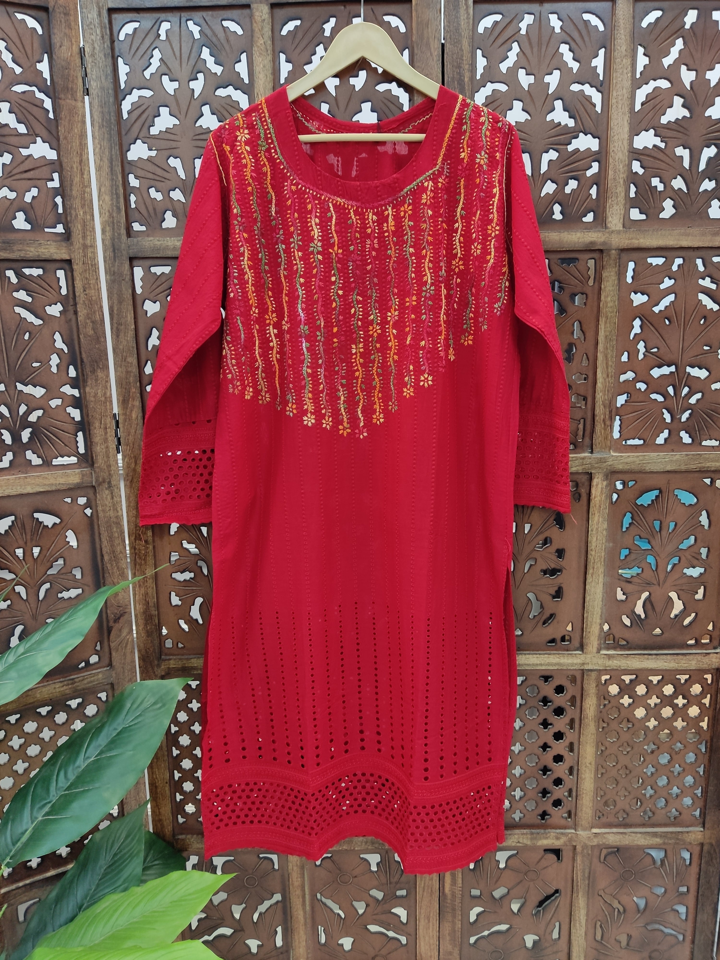 Red Cotton Chikankari Straight Kurti