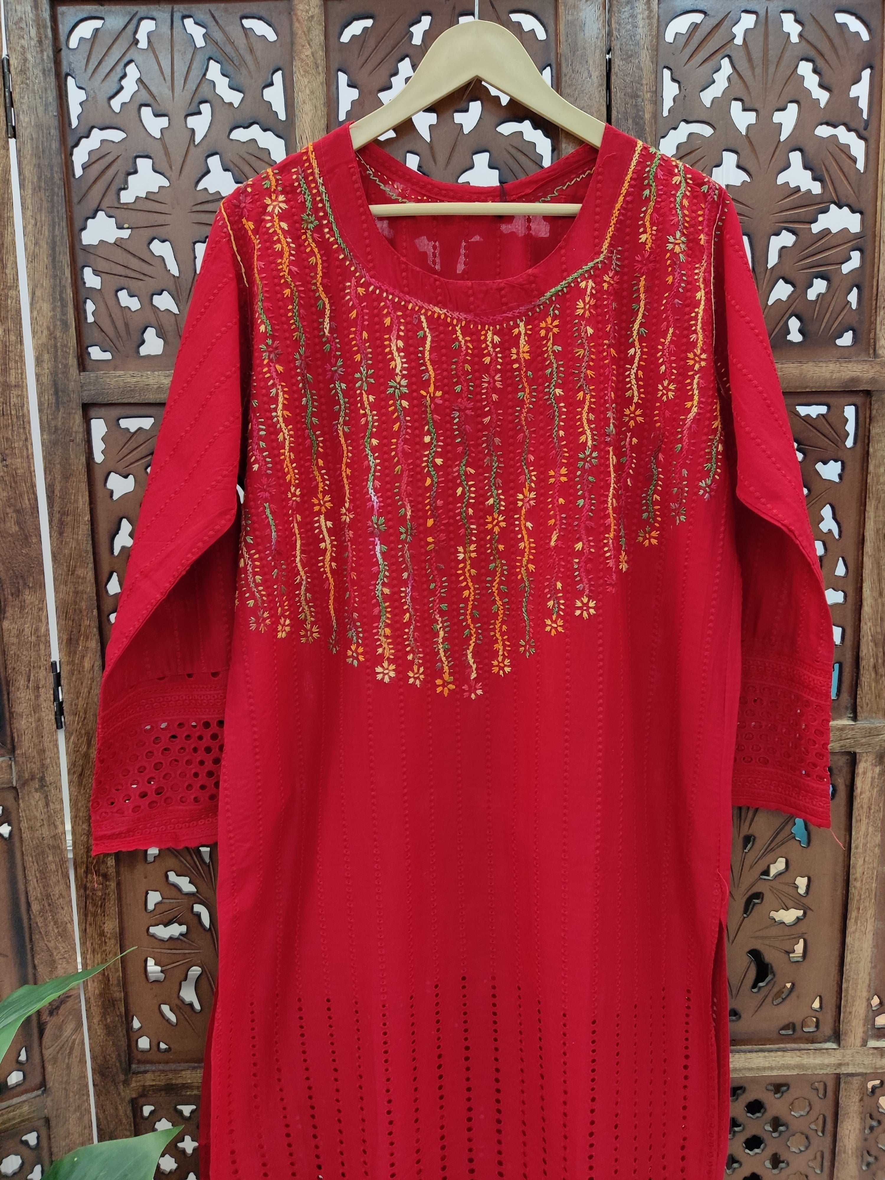 Red Cotton Chikankari Straight Kurti