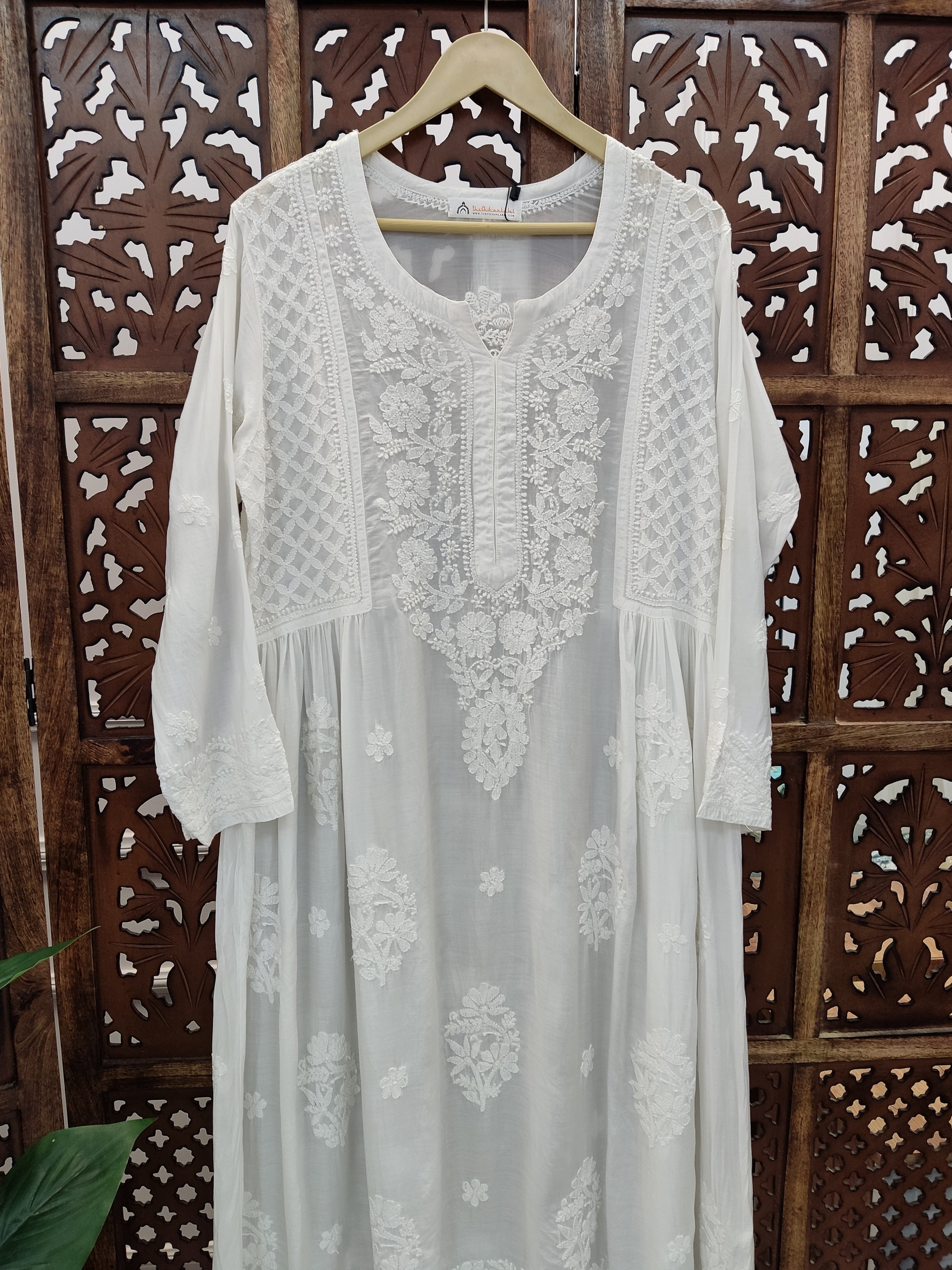 White Muslin Chikankari A-Line Kurti