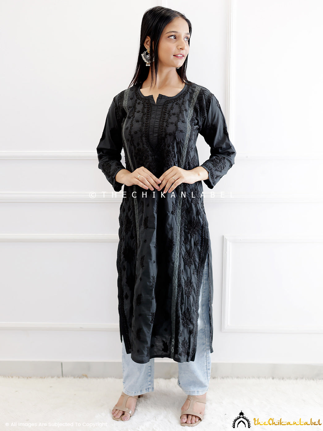 Black Cotton Chikankari Straight Kurti