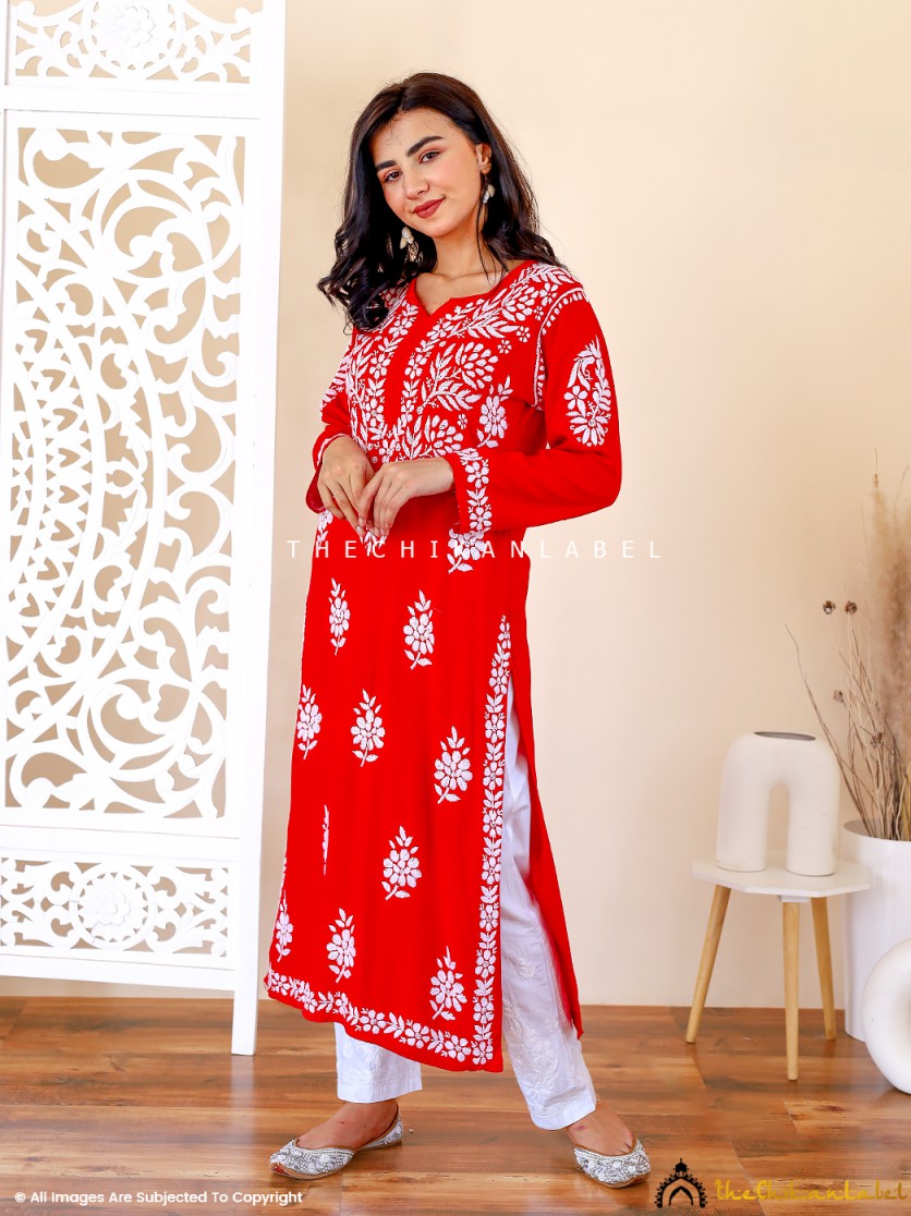 Red Aiman Rayon Chikankari Straight Kurti