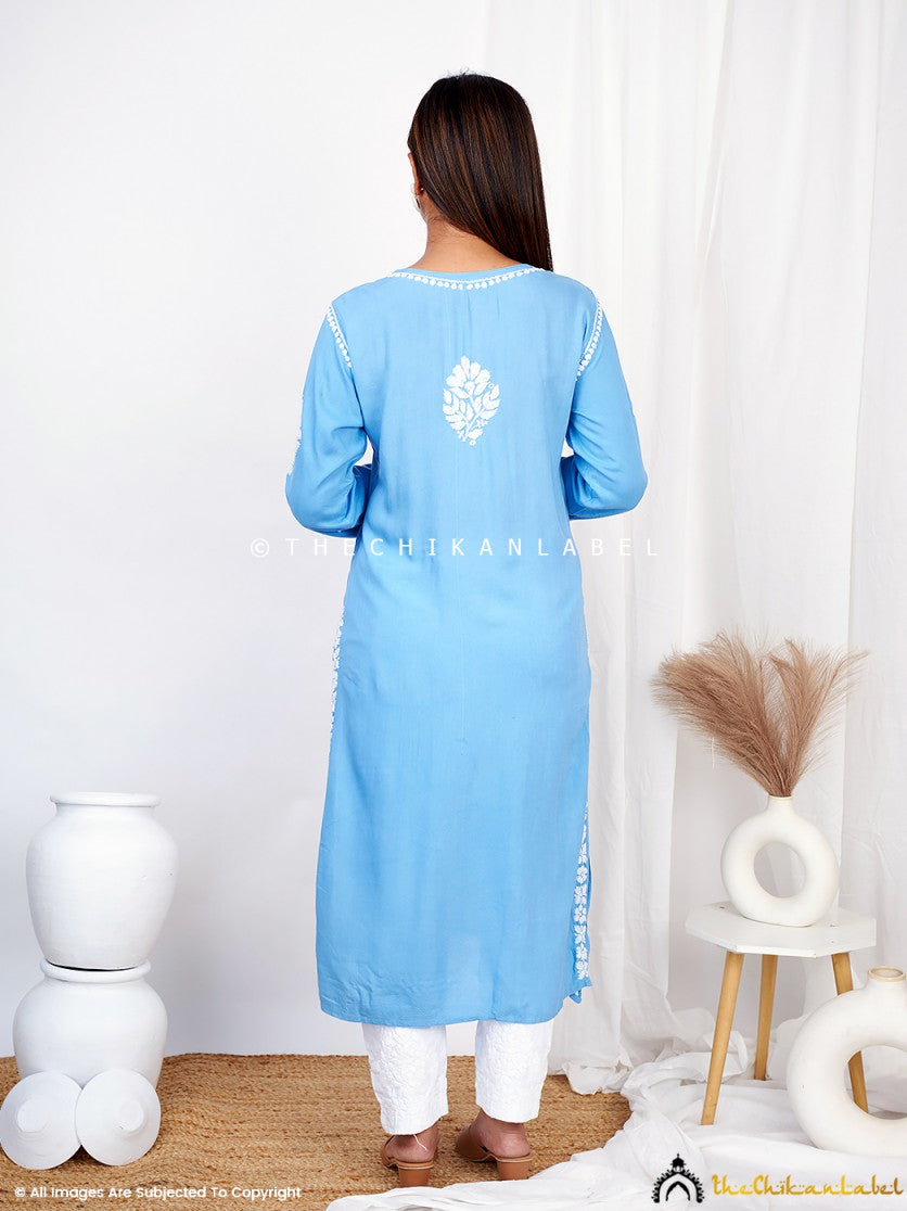 Powder Blue Binal Rayon Chikankari Straight Kurti