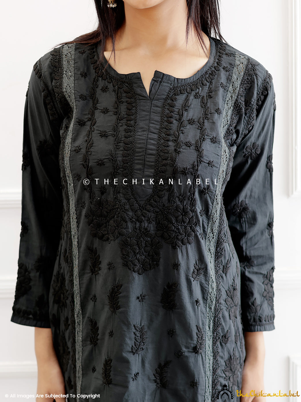 Black Cotton Chikankari Straight Kurti