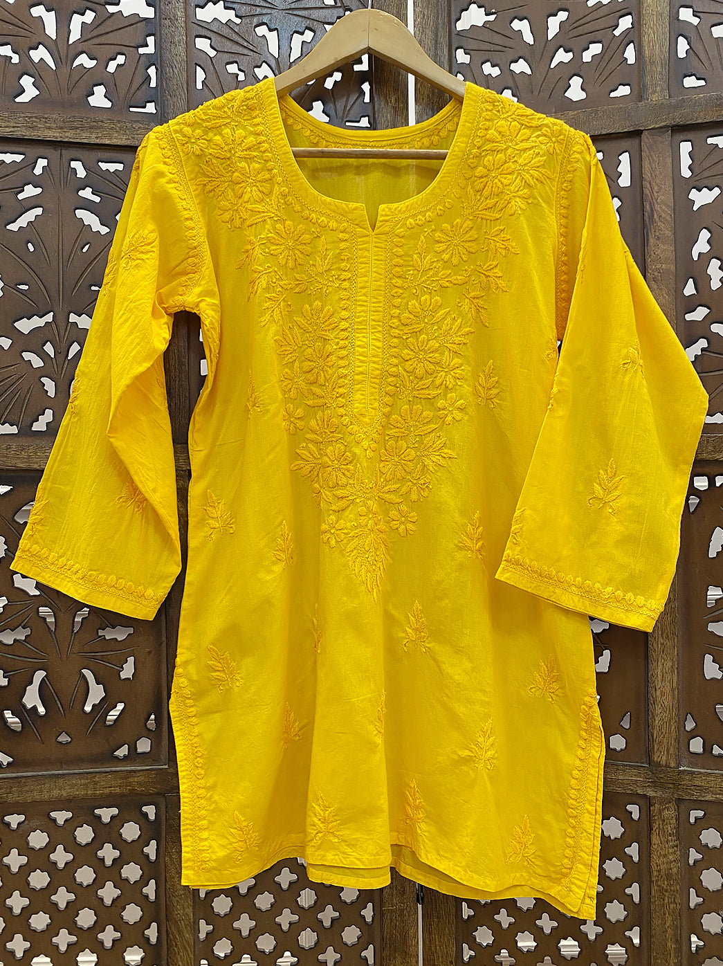 Yellow Cotton Chikankari Short Kurti