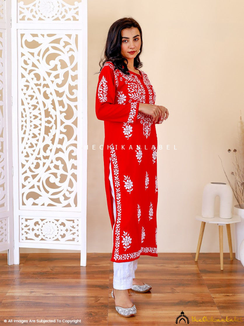 Red Aiman Rayon Chikankari Straight Kurti