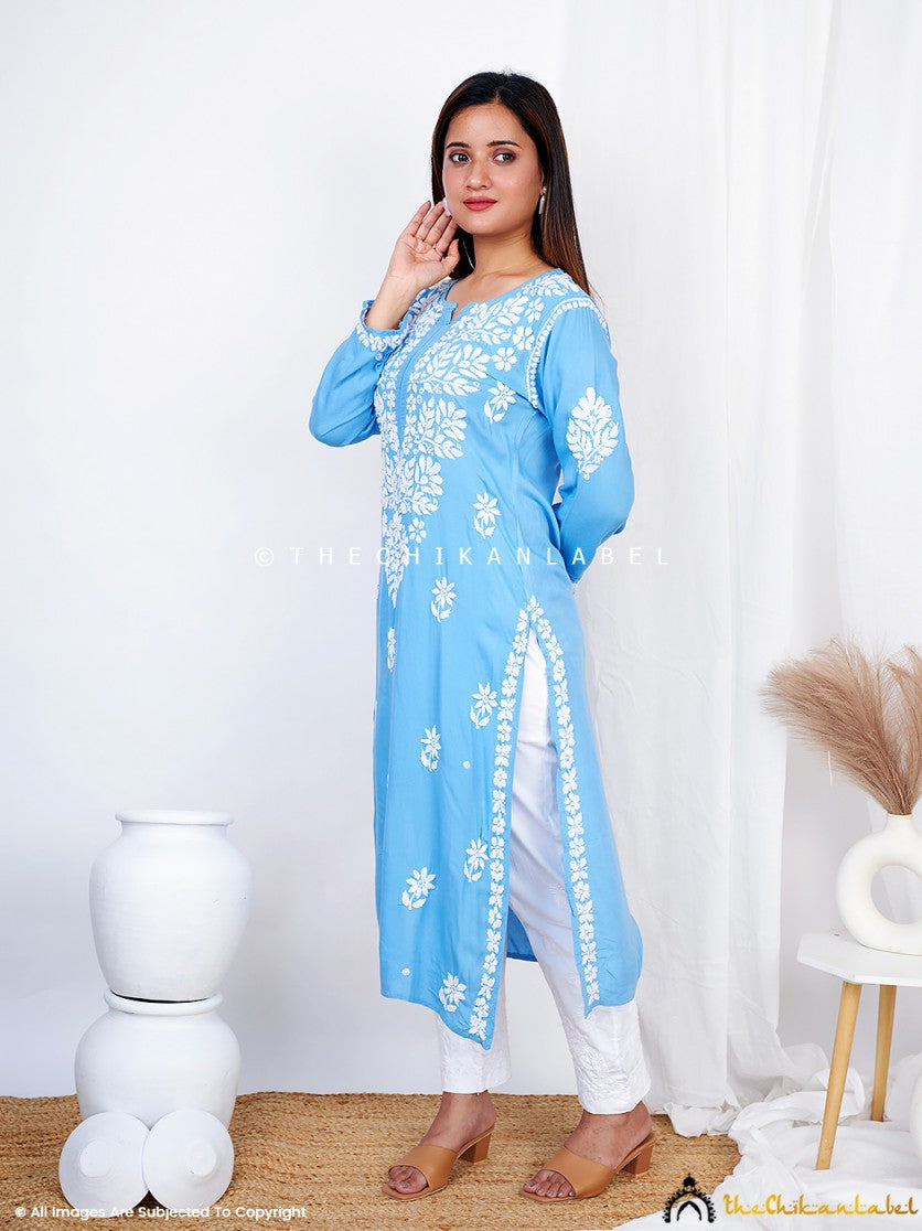 Powder Blue Binal Rayon Chikankari Straight Kurti