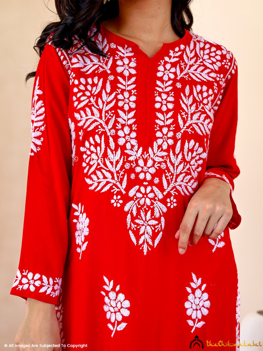 Red Aiman Rayon Chikankari Straight Kurti