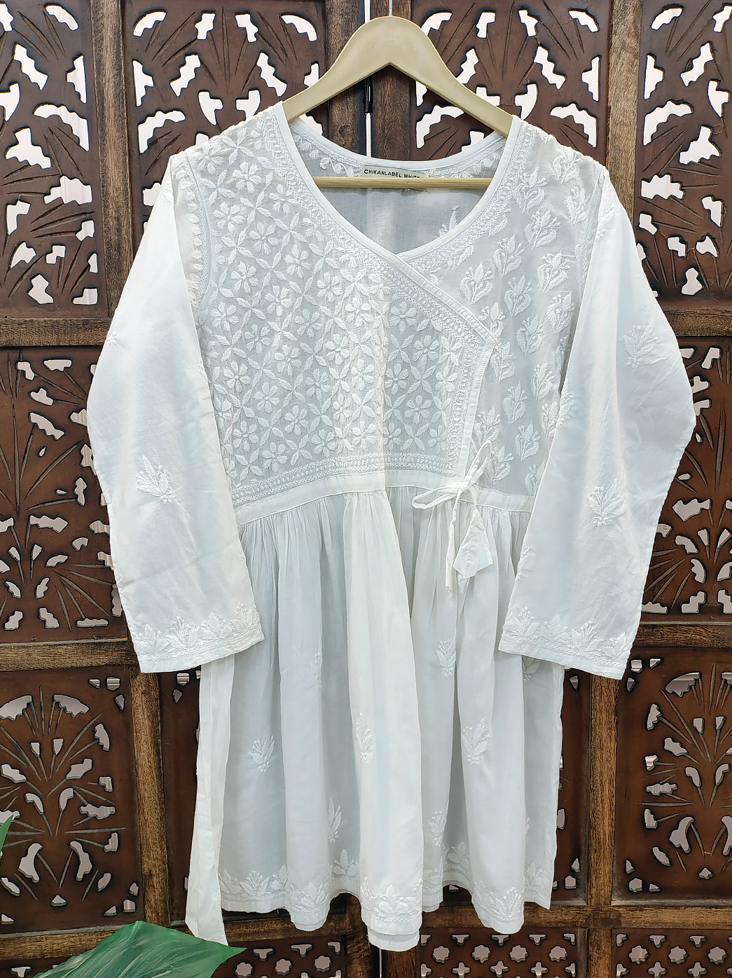Isra Mulmul Cotton Chikankari Short Angrakha Kurti-White