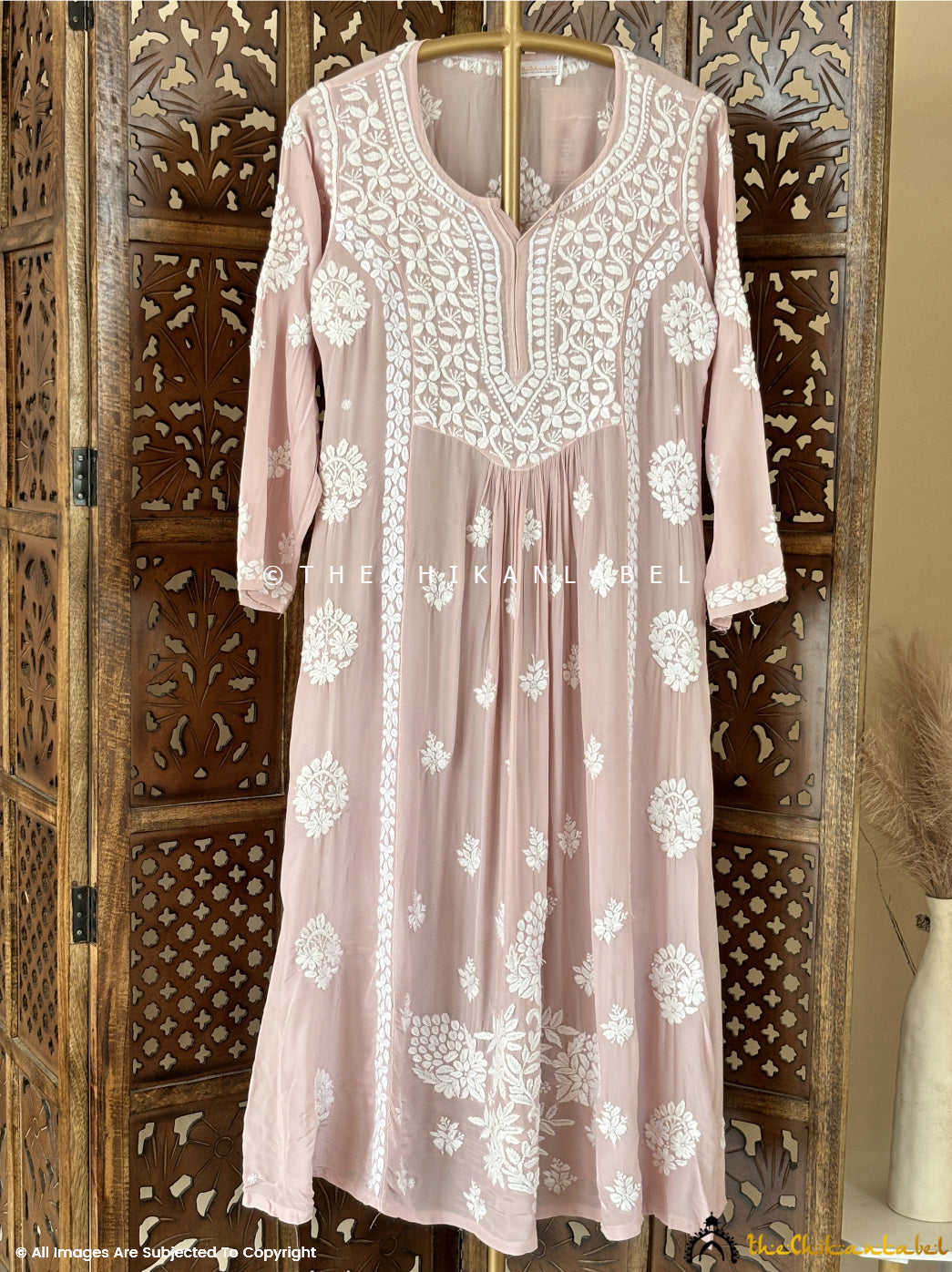 Beige Nabiha Crepe A-Line Chikankari Kurti