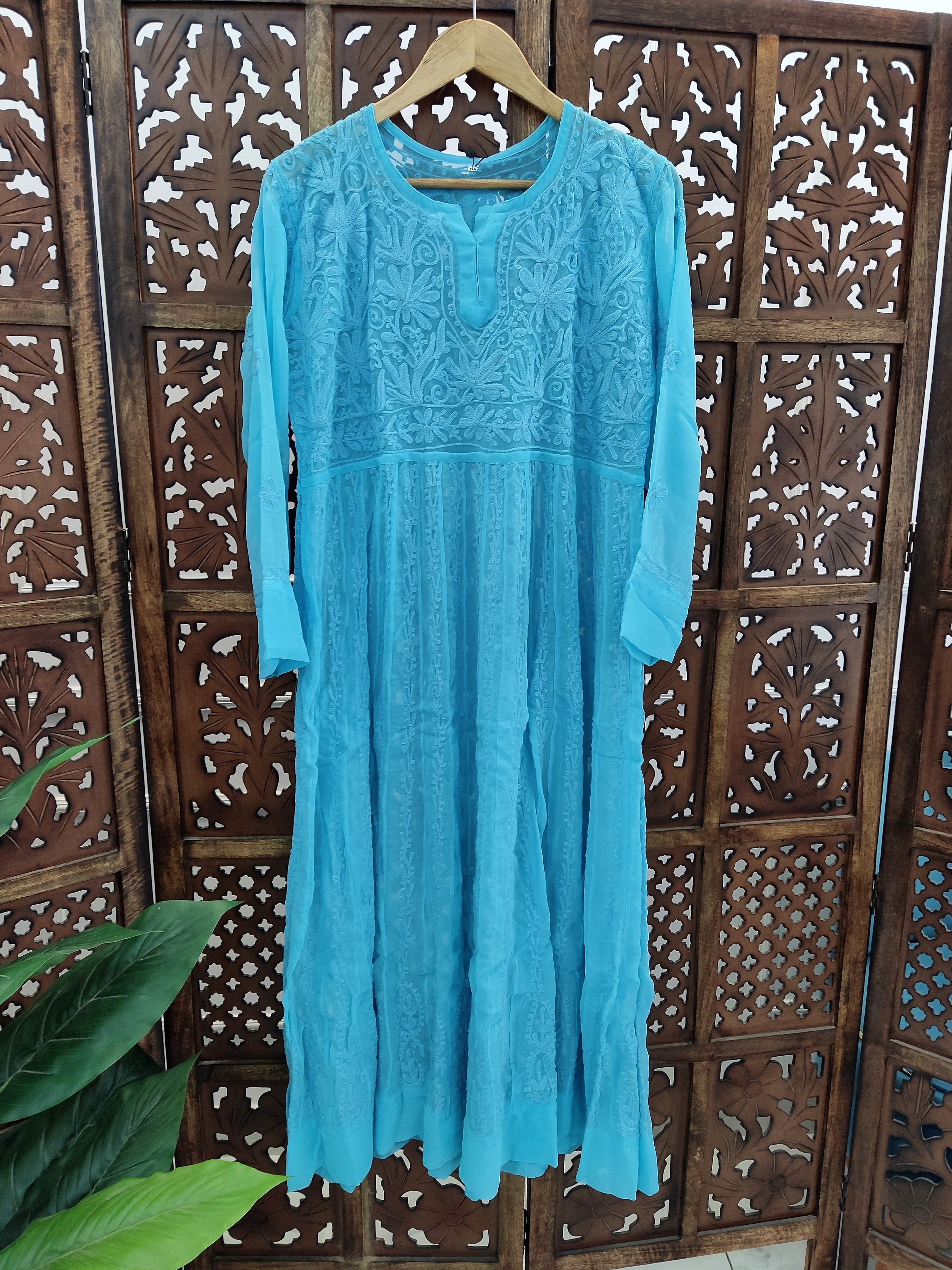 Blue Georgette Chikankari Anarkali Kurti